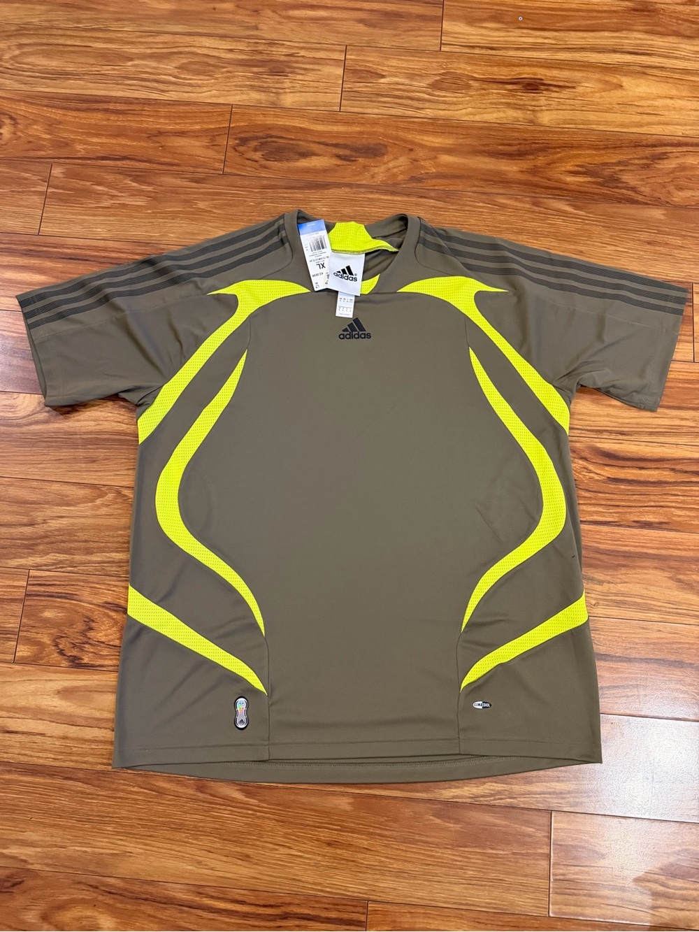 adidas Olive Green Short Sleeve Athletic Tee with Neon Yellow Accents